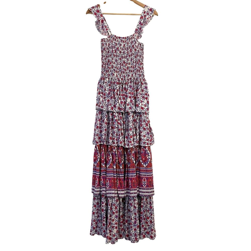 Abel the Label Anthropologie Maxi Dress S Pink Floral Tiered Smocked Cottagecore - Picture 2 of 12